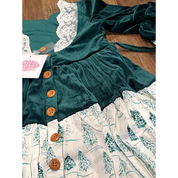 NWT Girl August Velvet & Lace Long Sleeve Dress Size 7 Green & White - Picture 5 of 10